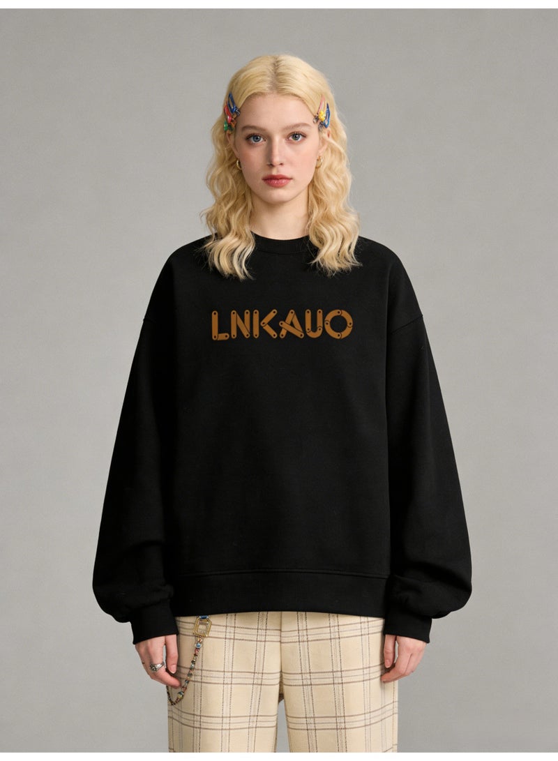 BM INS Black "LNKAUO" Industrial Letter Oversized Crew Neck Sweatshirt | Unisex Pullover With Rivet Detail Print - Image 2
